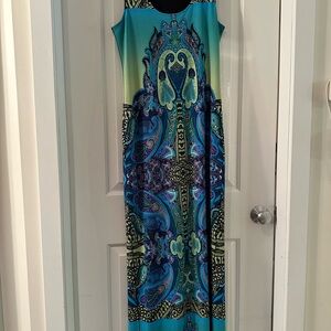 eva varro Teal Blue Green Paisley-Print Sleeveless Maxi Dress